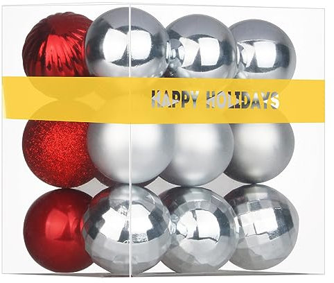 Silber & Rot 4,1 cm kleine Weihnachtskugeln Weihnachtsbaumschmuck Ornamente bruchsicher hängende Kugeln für Geburtstag Halloween Urlaub Hochzeit Dekorationen Set von 18 Stück