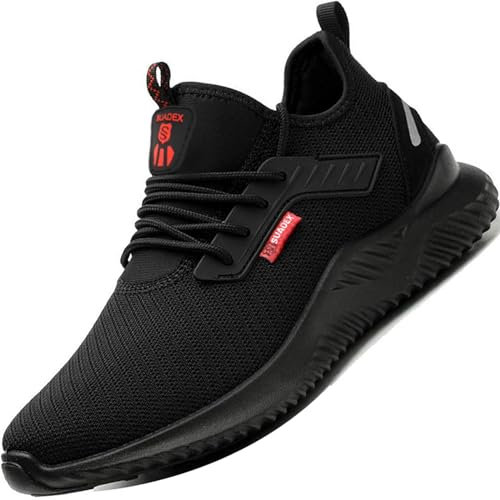 SUADEX Arbeitsschuhe Sicherheitsschuhe Herren Damen Leicht Atmungsaktiv Stahlkappenschuhe Unisex Sneaker mit Stahlkappe Schwarz 47EU