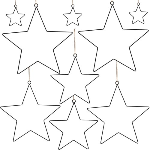 SILARLAIT 9 Stück Metall Stern Schwarz, 2er 30/25/20 cm & 3er 10cm Metallstern Weihnachtsdeko mit 5m Juteschnur, Metall Dekohänger Sterne, Stern Deko, Weihnachtsstern Fensterdeko Deckendeko Wanddeko
