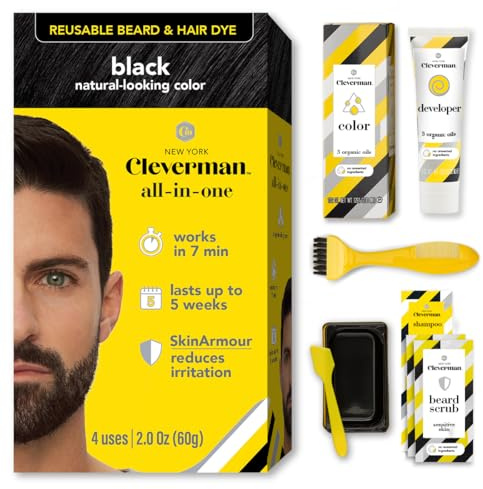 Cleverman Tinte para el cabello y la barba para hombres – Kit todo en uno – Pintura para hombres para cobertura natural contra canas, calidad profesional, sin amoniaco, para ocultar las canas, barba