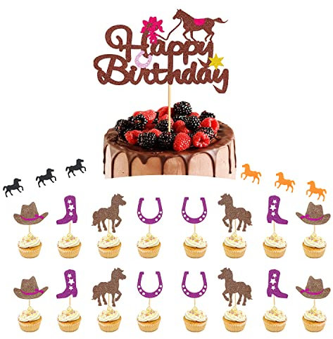 DBALL 17 Stück Tortendeko Pferd Geburtstagsdeko Toppers Partybedarf Set Glitter Pink Cupcake mit Pony Pailletten für kindergeburtstag Horse Racing Theme Parties Decoration