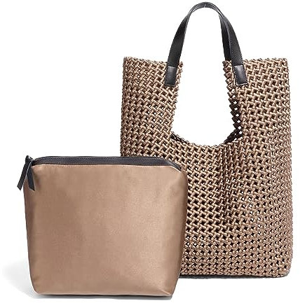 Leder Satin Gewebt Tote Tasche für Frauen Aushöhlen Handtasche 2 Pcs Set Weibliche Umhängetasche Shopper Tasche Mode Kupplung, Champagner