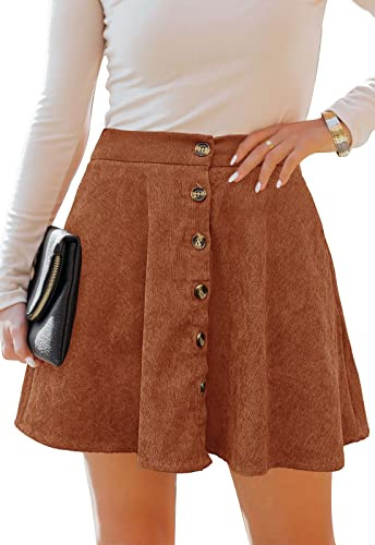 HERBATOMIA Women’s A-line Brown Skater Skirt Corduroy Button Front High Elastic Waist Skirts for Women with Pocket