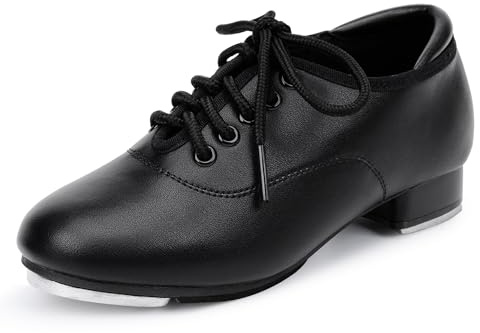 Stelle Tap Shoes for Girls Boys Lace Up PU Leather Dance Shoes for Little Kid/Big Kid(Black,4MB)
