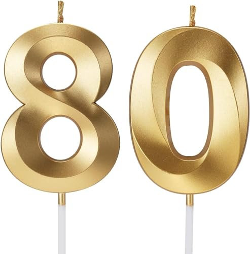 Birthday Candles Number Candles Age Year for Cakes Happy Birthday 3D Designed Wedding Anniversary Party Cake Topper Decorations (Gold, 80)