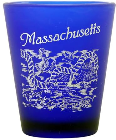 Bicchiere da shot smerigliato blu cobalto con scena nautica del Massachusetts
