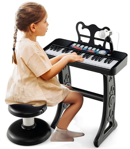 COSTWAY 2 en 1 Piano Numérique à 37 Touches Enfants avec Tabouret & Microphone Réglable, Clavier Electronique Détachable avec Pupitre Amovible, Charge 50kg pour Enfants de 3 Ans+ (Noir)