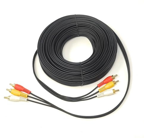 25m Triple 3 x RCA Male to 3 x RCA Male 24K Gold Plated Composite AV Audio Video Cable Compatible with Set-Top Box, Speaker, Amplifier, DVD Player (25m)