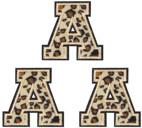 QUARKZMAN 3 Stück Buchstaben zum Aufbügeln, 6 cm Leopard Selbstklebende Chenille Buchstaben A mit schwarzem Rand,Gestickter Patch zum Aufbügeln für Kleidung, Tasche, Laptop, Handyhülle