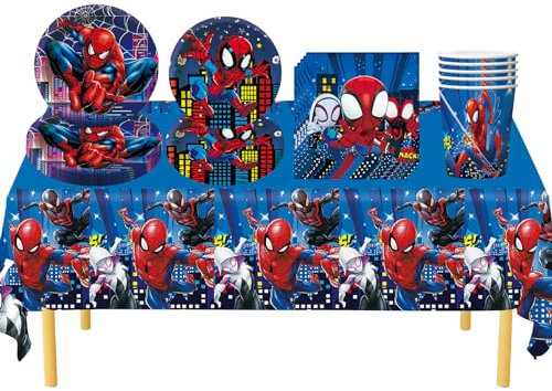 51Pcs Spider Party Tableware Set,Marvel Avengers Spider Party Plastic Table Cloth,Paper Plates Napkins and Cups for Kids Boys Birthday Spider Party Decorations