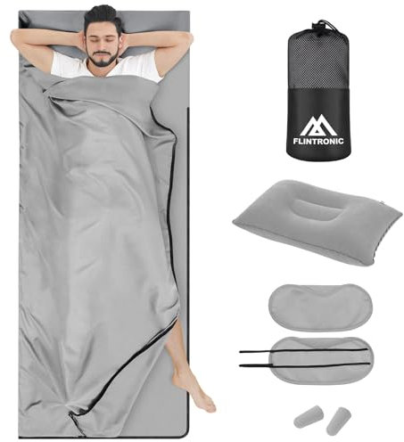 flintronic Hüttenschlafsack, 90 x 220 cm, 2 in1 Hüttenschlafsack aus Mikrofaser mit Durchgängigem Reißverschluss& Kissen Fach, Ideal für Backpacking, Hostels und Berghütten,Grau B