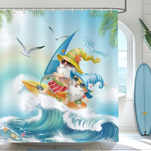 Bonhause Duschvorhang Sommer Zwerge Surfen Blau Ozean Meereswelle Duschvorhänge 180 x 180 cm Anti-Schimmel Wasserdicht Polyester Stoff Waschbar Bad Vorhäng für Badzimmer mit 12 Haken