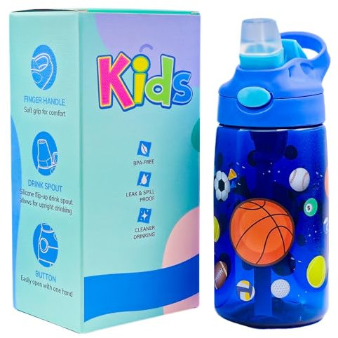CODiLLO Botella para niños, 480 ml, botella para niños sin BPA, botella con pajita, botella a prueba de fugas, botella Titran, botella de plástico, regalo niños (azul)