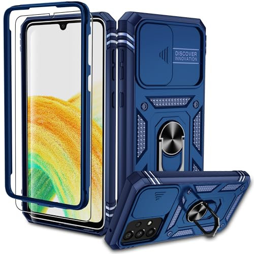 Pilaru Samsung Galaxy A33 Hülle, A33 5G Kameraschutz Handyhülle mit 1 Stück Schutzfolie, 360° Drehhalter Ring Schutzhülle Militär Stoßfest Kratzfest Outdoor Handy Hüllen für Samsung A33-Blau