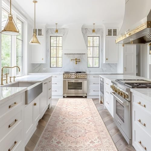 RELEANY Tapis de couloir 6,1 x 2,4 cm – Tapis lavable antidérapant – Tapis de cuisine pour couloir, tapis vintage bohème à motif floral médaillon – Poils courts – Doux – Rose poudré, gris et rose