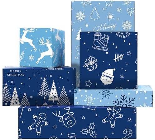 Blaues Weihnachts Geschenkpapier für Jungen, Mädchen, Kinder, Schneemann Schneeflocken Weihnachtsbaum Hirsch Geschenkpapier, 6 Blätter 50 x 70 cm pro Blatt, für Neujahr, Weihnachten, Winterferien