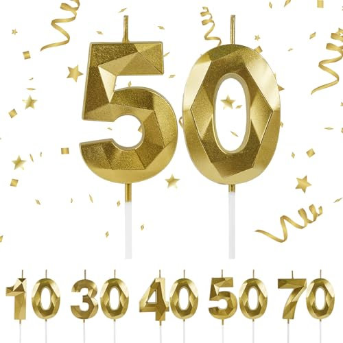 URAQT Geburtstag Zahl Kerzen, Gold Glitzer Geburtstagskerzen, Dekorative Geburtstagstorte, Hochzeitsparty, Abschlussfeier Usw 5 und 0