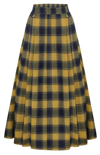Vintage Rock Damen Elastische Taille A-Linie Langer Halloween Plaid Rock Gelb Blau S
