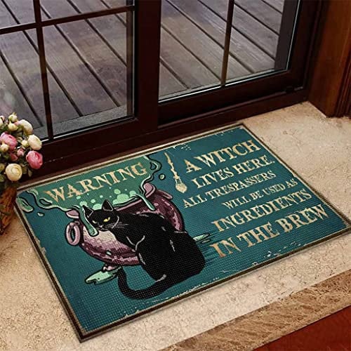 Traqunn Warning A Witch Live Here Doormat,Halloween Home Decorative Welcome Doormat 24X16 In