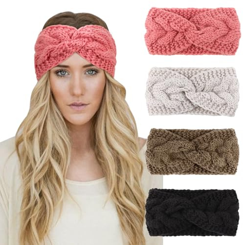 DRESHOW 4 Stück Damen Gestrickt Stirnband Winter Strick Breite Kopfband Elastische Haarband Stirnband Häkelarbeit Ohr Wärmer Damen