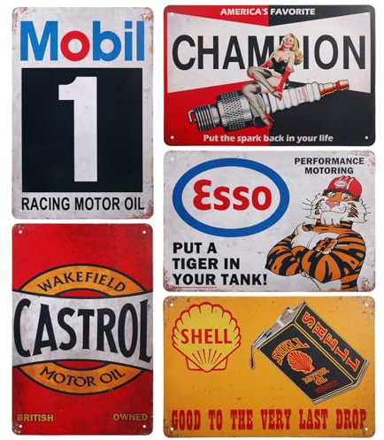 SPORWAY Lot de 5 plaques décoratives rétro pour garage : 20 x 30 cm - Plaque en tôle rétro - Décoration vintage - Poster de voiture - Huile moteur - Magasin d'huile moteur - Panneau en métal -