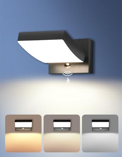 GeyouLux 24W LED Außenlampe mit Bewegungsmelder, IP65 Aussenleuchte mit Schwenkbar LED Panel, 3CCT Wandleuchte Innen/Außen, 3000LM Aluminium Aussenlampe für Garage Terrasse, Schwarz