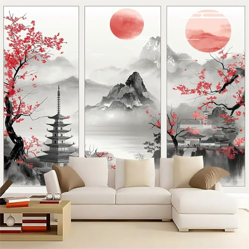 Papier Peint Intissé 350 x 256 cm Papier Peint Panoramique Peinture À L'Encre De Style Japonais Image Papier Peint Décoration, Gris Pour Salon Chambre Chambre D'Enfant Décoration Murale
