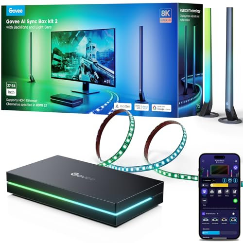 Govee HDMI 2.1 Sync Box Kit 2, mit Lightbar und LED Strip, unterstützt 8K@60Hz, 4K@144Hz, VRR und ALLM, Dreamview, funktioniert mit Matter und Alexa, Monitor Hintergrundbeleuchtung für 27-34 Zoll