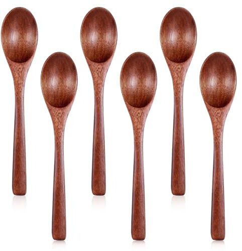6 PCS Wooden Spoons for Eating, 7 Inch Wooden Honey Spoons for Tea, Small Wood Spoons for Coffee Honey Tea, Hard Wood Table Spoons for Cooking, Small Serving Spoons for Soup, Desserts & Cereal