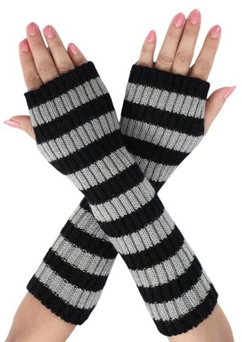 Suxgumoe Damen-Armstulpen, gestrickt, langärmelig, fingerlos, Handschuhe, Winter, Handgelenkstulpen mit Daumenloch für Damen und Mädchen, C Schwarz + Grau, One size