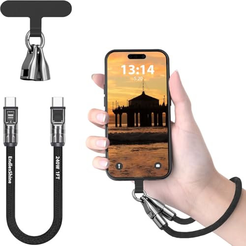 EndlesShine USB C Short Charge Cable PD 240W 5A Fast Charging Phone Wrist Strap (30cm) Type C Charging Cord Braided 480mbps Data Transfer & Phone Charger for Type-C Devices (Black)