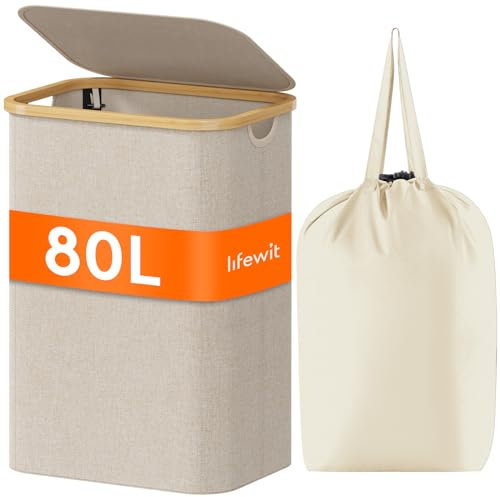 Lifewit 80L Laundry Basket with Lid, Clothes Hampers for Laundry with Bamboo Handles and Removable Laundry Bags, Large Foldable Laundry Hamper for Bedroom, Bathroom, Dorm,Laudry Room, Beige