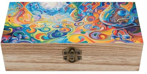 QMNVBDS Holzkiste mit Uhr und Sanduhr, Holzkiste zur Aufbewahrung, Holzkiste mit Scharnierdeckel, Schmuckschatulle aus Holz, Schmuckschatulle für Damen, kleine Holzkiste