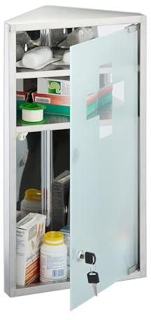 Relaxdays Medizinschrank, 3 Fächer, HxBxT: 56x30x18 cm, abschließbar, Edelstahl, Glastür, Eck Apothekenschrank, Silber