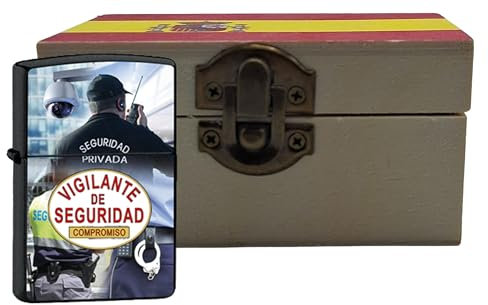 Mechero Recargable con Escenas de Vigilantes de Seguridad. Se Envía en Cajita de Madera con la Bandera de España. Detalles para Vigilantes de Seguridad Privada (Vigilante de Seguridad)