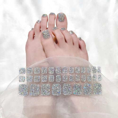 Lot de 34 autocollants pour ongles de pieds - Film UV - Autocollants pour ongles d'orteils - Autocollants pour ongles d'orteils - Paillettes argentées - Bandes en gel UV (argenté)