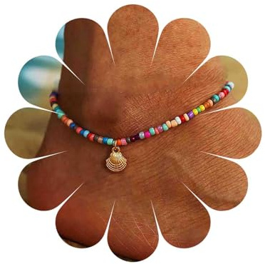 Cybche Boho Regenbogen Perlen Fußkettchen Armband Bunte Samen Perle Fußkettchen Gold Jakobsmuschel Baumeln Fußkettchen Sommer Strand Regenbogen Reis Perle Fuß Kette Schmuck Für Frauen