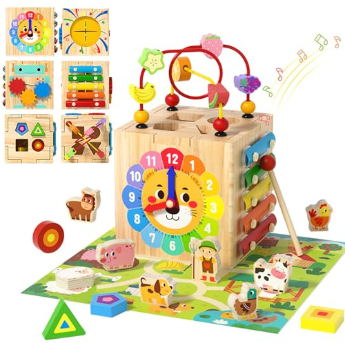 LZDMY 7-in-1 Baby Wooden Activity Cube, Montessori Toys for 1 2 3 Years old | 1st Birthday Gifts for Boy Girls, Educational Sensory Toys for Babies Toddlers, Learning Toy for Fine Motor Skill