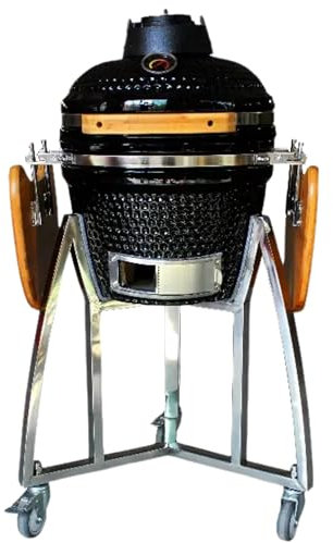Kamado Japanese Ceramic Grill – Diameter 40 cm – Folding Side Tables – Wheels – Charcoal – Built-in Thermometer – Wooden Handle – Black – Ideal for Garden, Patio, Camping