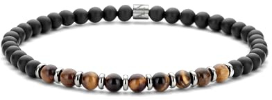 Frank 1967 7FB-0687 Kralen Armband 4mm - Agaat - Tijgeroog - Staal - Rekbaar - 19cm - Zwart - Bruin