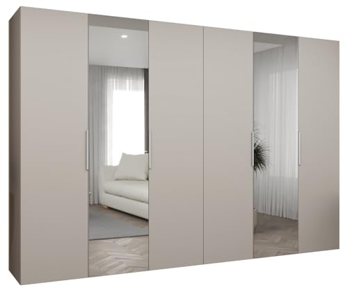 MEBLE KRYSPOL - Kleiderschrank mit Spiegel - Drehtürenschrank - Schrank 300x202x52cm - Garderobenschrank Schlafzimmer, Flur, Jugendzimmer - Farbe Kaschmir, Griff Kaschmir - Marbella 2 300