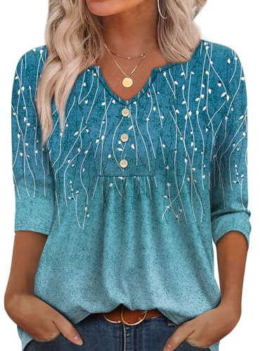 WIHOLL Womens Tops 3/4 Sleeve Tops for Women UK V Neck Tunic Tops Button Pleated T Shirts Ladies Blouses Size 10-12 Blue Gradient