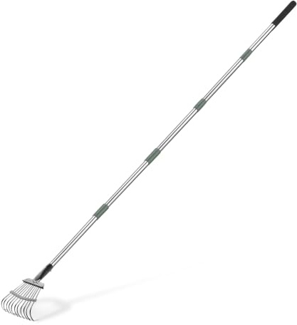Amazon Basics – Garden Rake, 38.45 - 80.51 (97.7cm - 204.5cm) Adjustable Steel Handle, Olive/black/silver