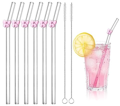 Nymora 6 Pcs Pink Bow Glass Straws Long - Reusable Straws Made From High Borosilicate Glass Cleaning Brushes for Juices, Cocktails and Smoothies