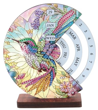 JICFDAO DIY Diamond Painting Rotierender Dauerkalender 9.5x14.9cm Diamant Malerei Ewiger Kalender aus Holz Mondform Desktop-Kalender Tischkalender für Zeitmanagement Tischdeko Geschenke Vogel Kolibri