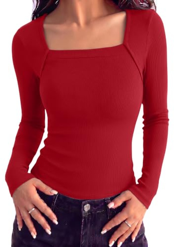 Aottori Womens Ribbed Long Sleeve Top Square Neck Plain Slim Fit Base Layer | Long Sleeve Design Square Neck Detail Ribbed Texture Stretch Fabric Plain Finish Slim Fit Shape Base Layer Design Tunic Shape
