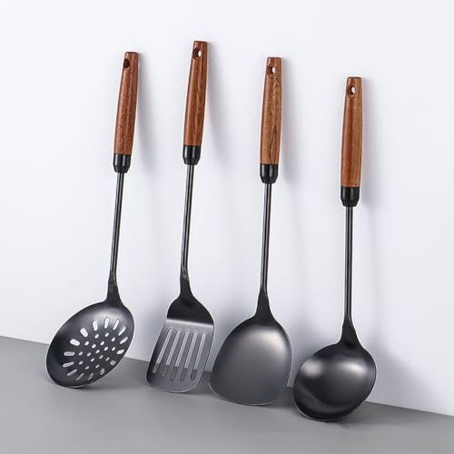 juego de utensilios de cocina de 4 piezas,espátula wok, cucharón, juego de herramientas de espumadera y espátula,acero inoxidable, mango de madera, apto para lavavajillas (Negro)