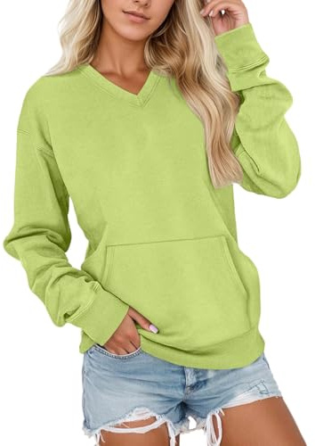 Generisch Sweatshirt Damen Ohne Kapuze Langarmshirt V-Ausschnitt Mit Taschen Sweatshirts Warm Baumwolle Oberteile Herbst Winter Oversized Sweatpullover Casual Pullover Longshirt Bekleidung S-XL