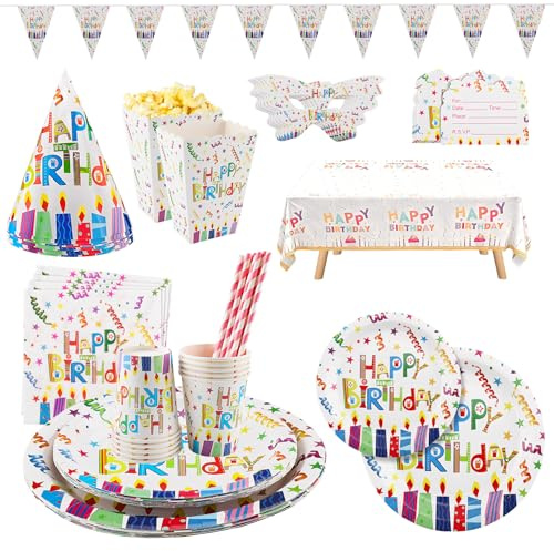 Vexillic Partygeschirr Deko Geburtstag, 92 Stück Pappteller Party Deko Set, ​Papier Geschirr Set Partyzubehör Jungen Mädchen für 10 Gäste