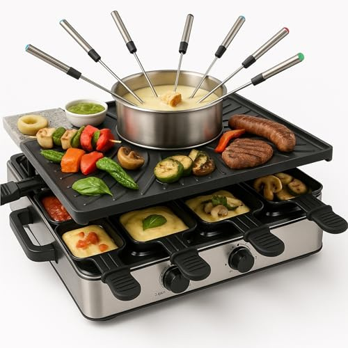 Raclette Fondue Set for 8x People - Non-Stick Coating - With Pot and Table Grill Including Pan & Scraper (Fondue Set)